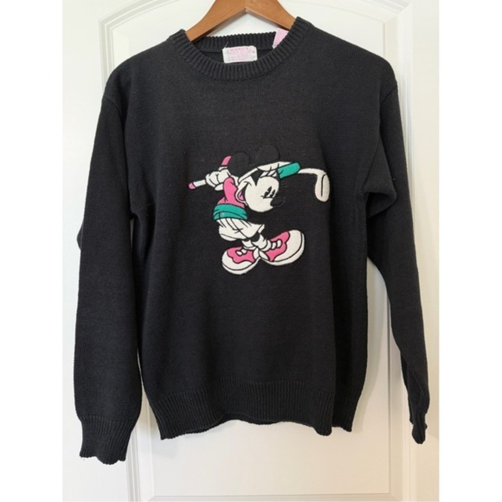 Vintage Disney Minnie Mouse Golf Crewneck Black Teal Pink Sweater Size S